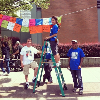 @westendbia: “Executive Director Stephen Regan helping the #WestEndQuilt team hang