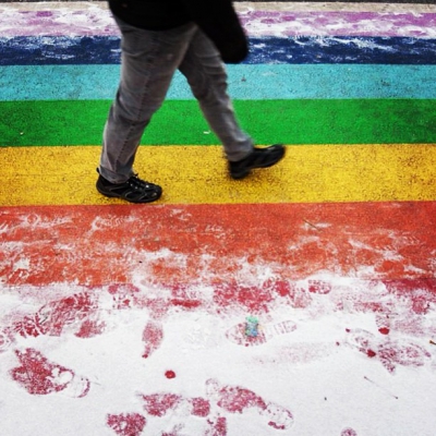@westendbia: “Fresh snow on the rainbow crosswalks at Davie and